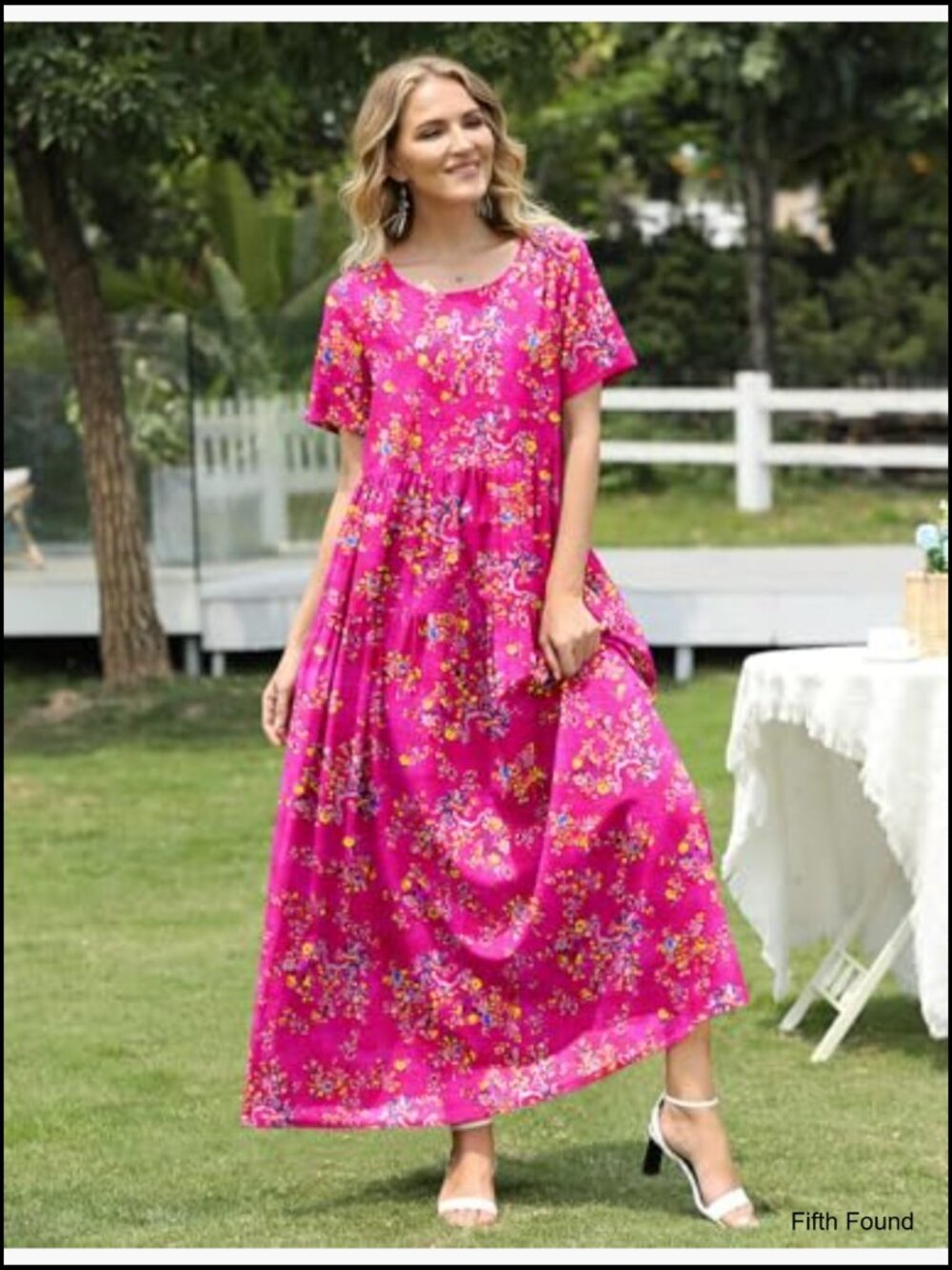 Women's Bohemian Floral Maxi Dress with Pockets Swing Beach Dress - Picture 3 of 7